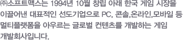 SOFTMAX CO.,LTD.(CEO Jeong Young-Won, www.softmax.co.kr) is the game developing corporation which develops global contents covering multi-platform such as PC, console, mobile, and so on as the representative leading company which has led the Korea game market since its foundation, October, 1994.